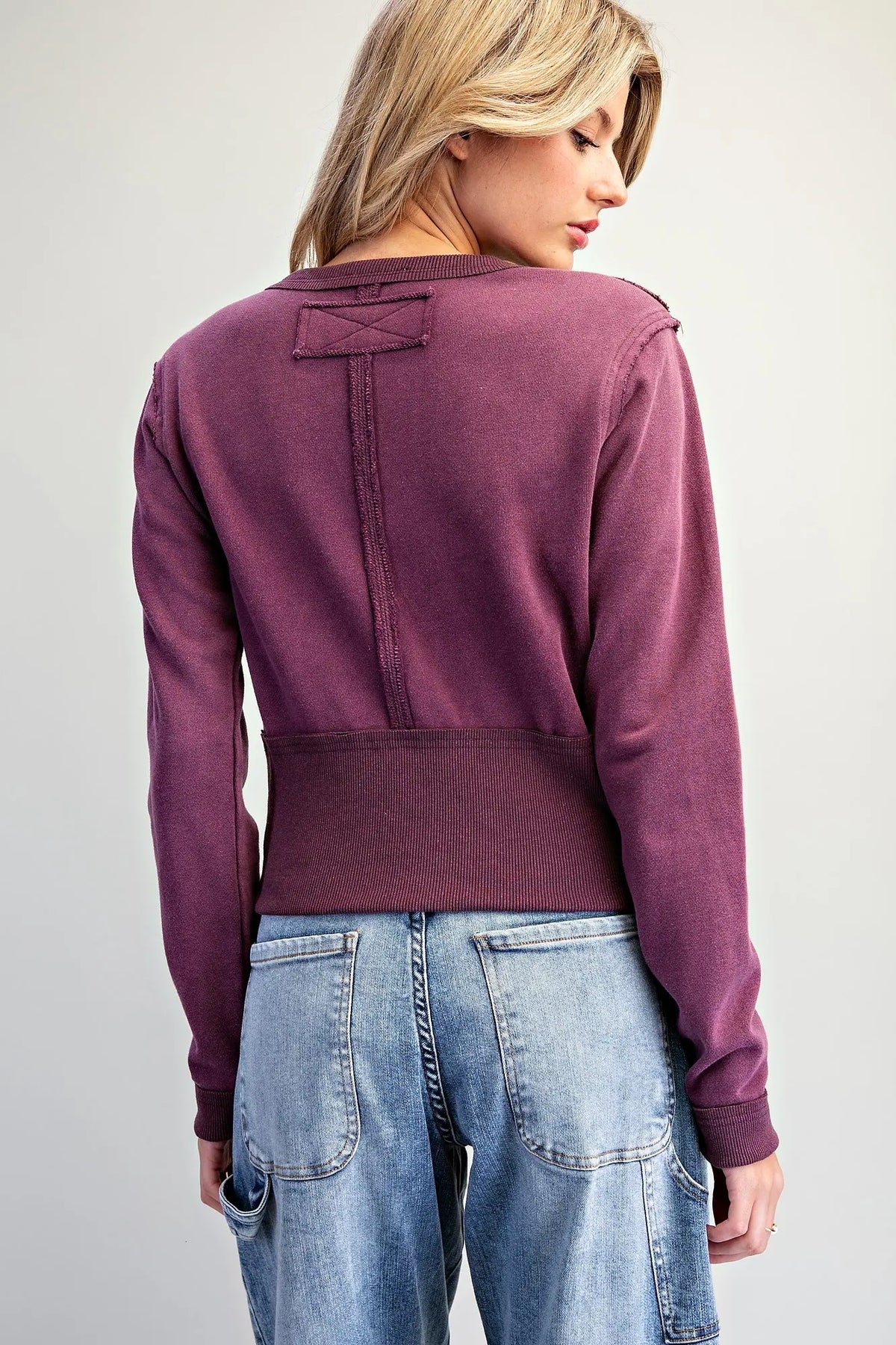 Mineral Washed Exposed Seam Cardigan-Plum Jam