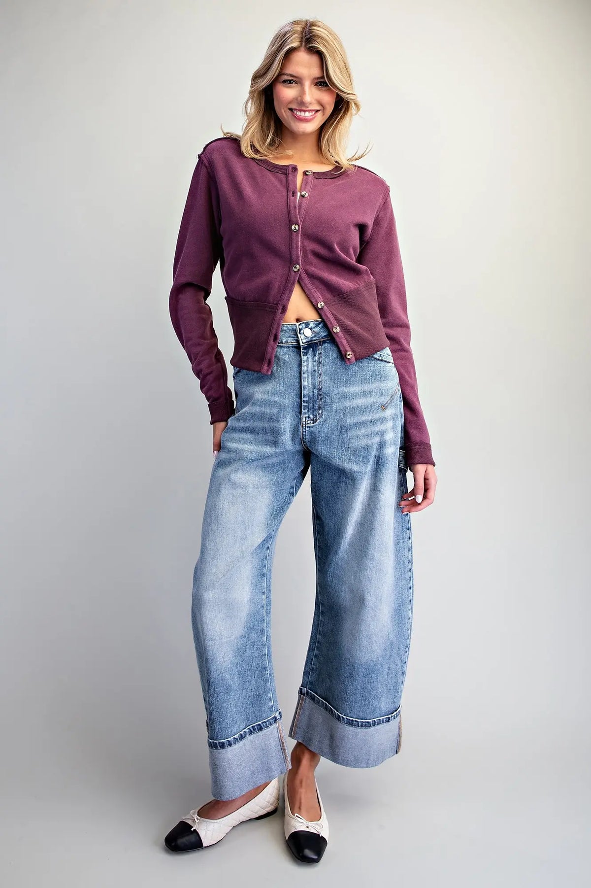 Mineral Washed Exposed Seam Cardigan-Plum Jam