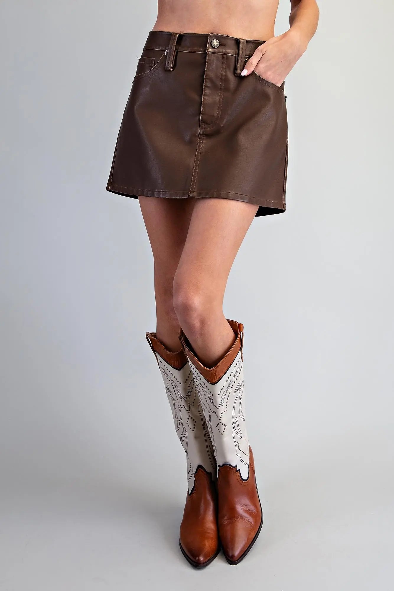 Stone Washed Pleather Mini Skirt-Coffee Bean