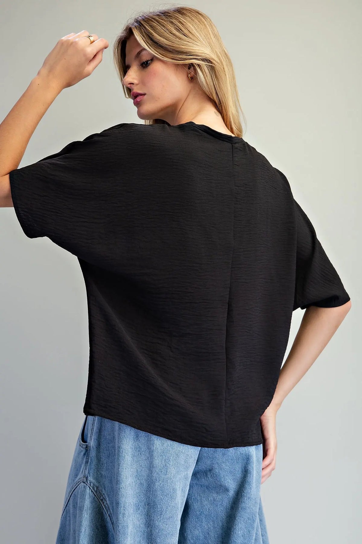Myrna V-Neck Chest Pocket Top-Black