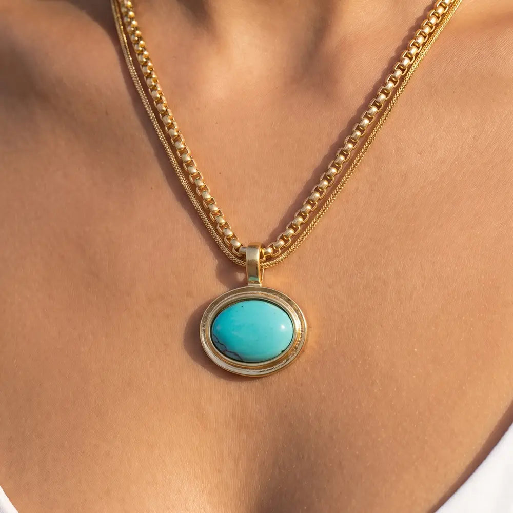 Oval Stone Pendant Double Layer Chain Necklace-Turquoise