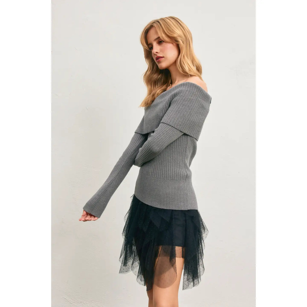 Foldover Off the Shoulder Sweater-Gray