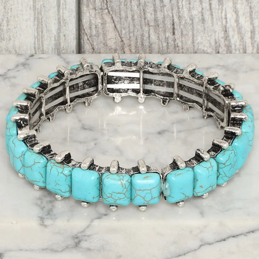 Western Square Cut Turquoise Stretch Bracelet
