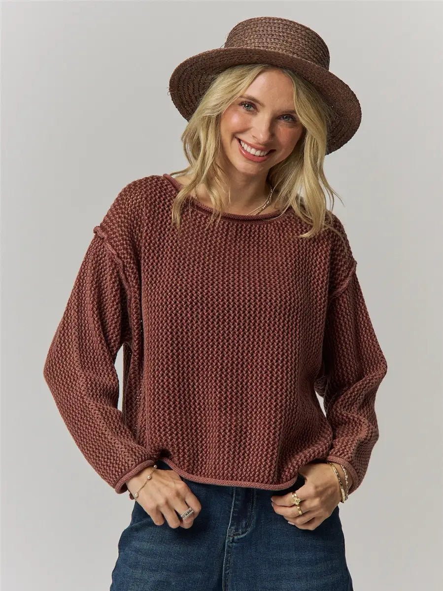 Rolled Hem Textured Knit Sweater Top-Brick
