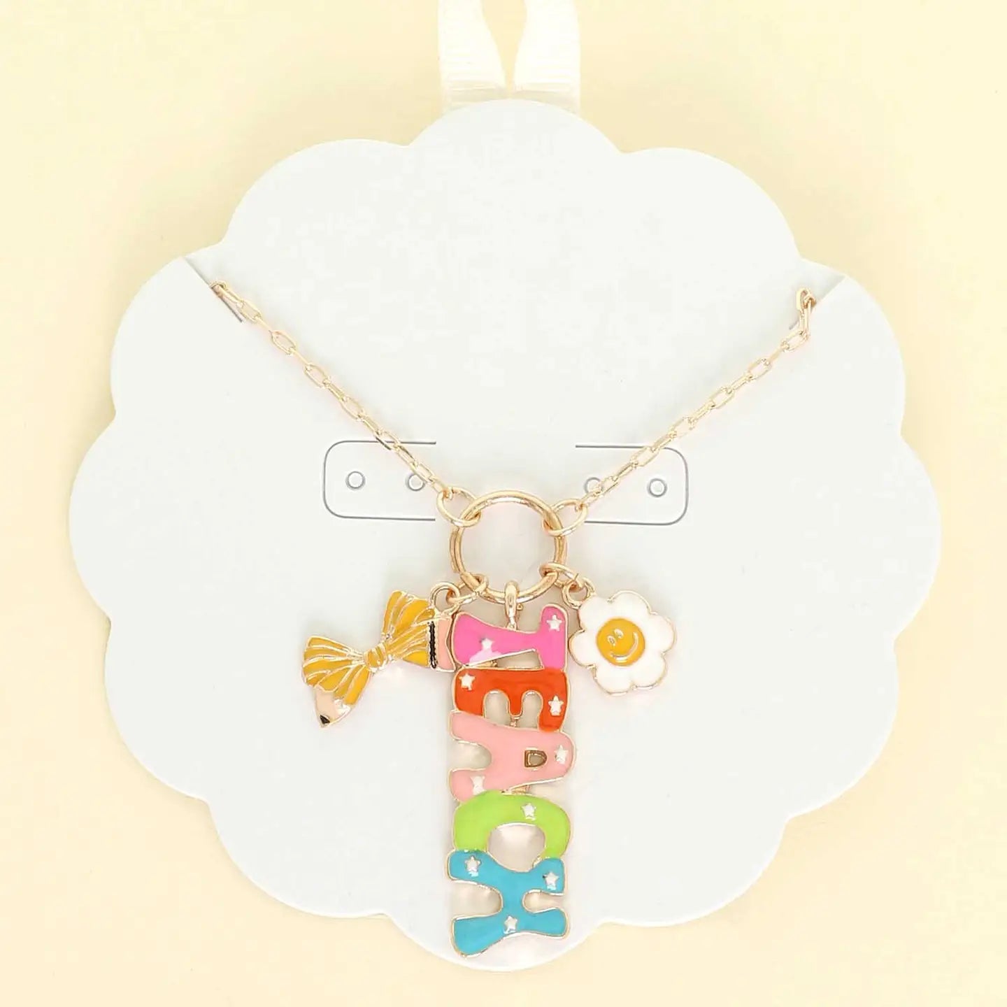 Colorful “Teach” Letter Necklace with Bow and Flower Charms