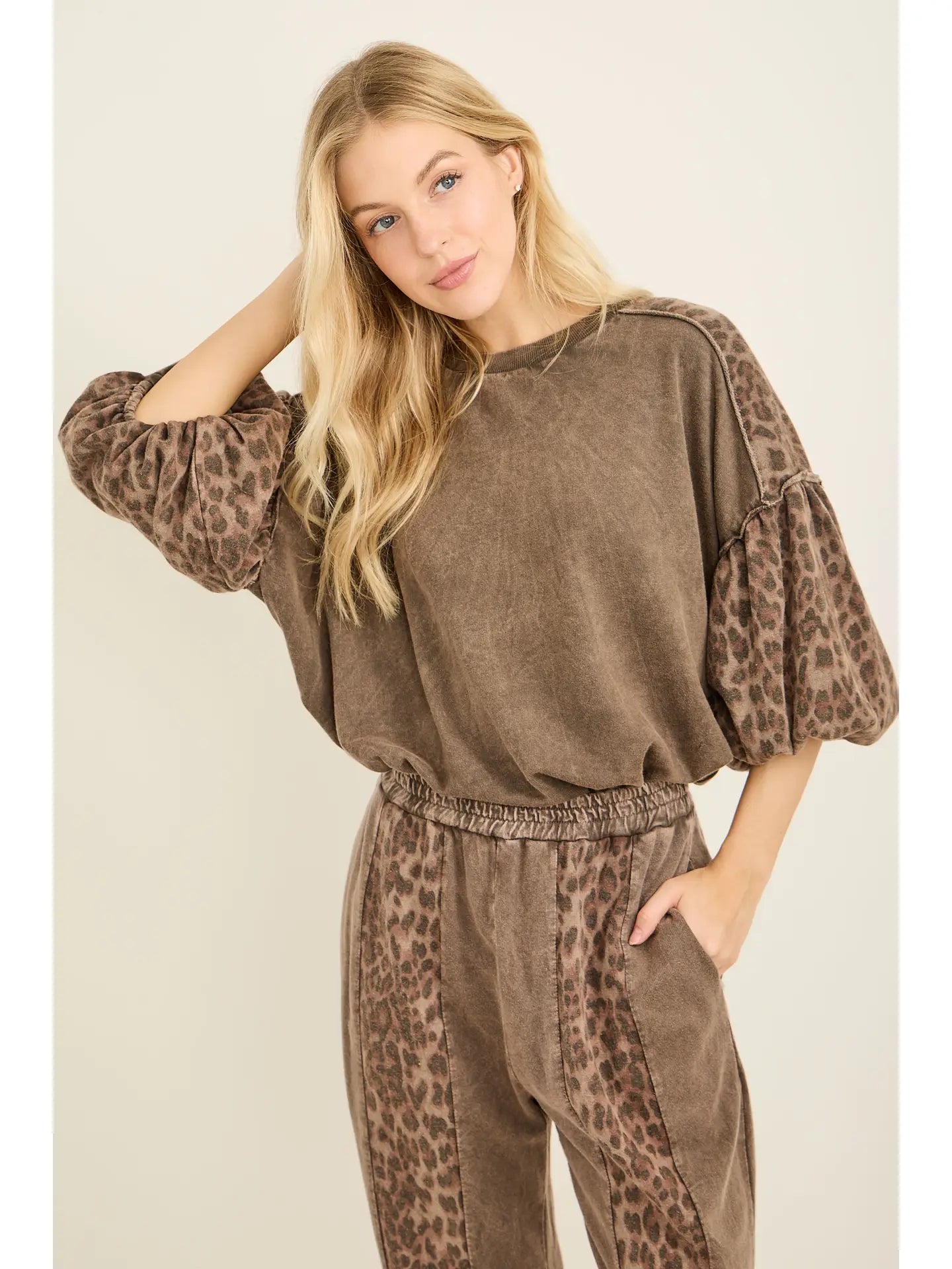 Mineral Washed Cheetah Puff Sleeve Fall Blouse-Ash Oak