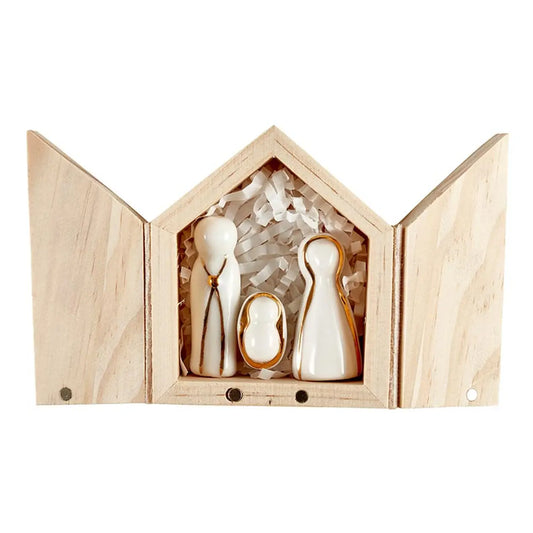 Ceramic Figurines Pine Wood Box - Holy Family