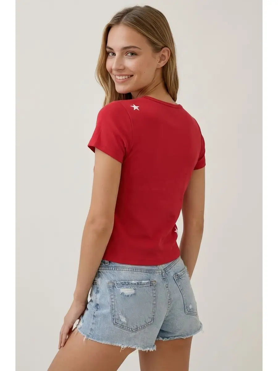 Ribbed T Shirt with Stars  Embroidery-Red
