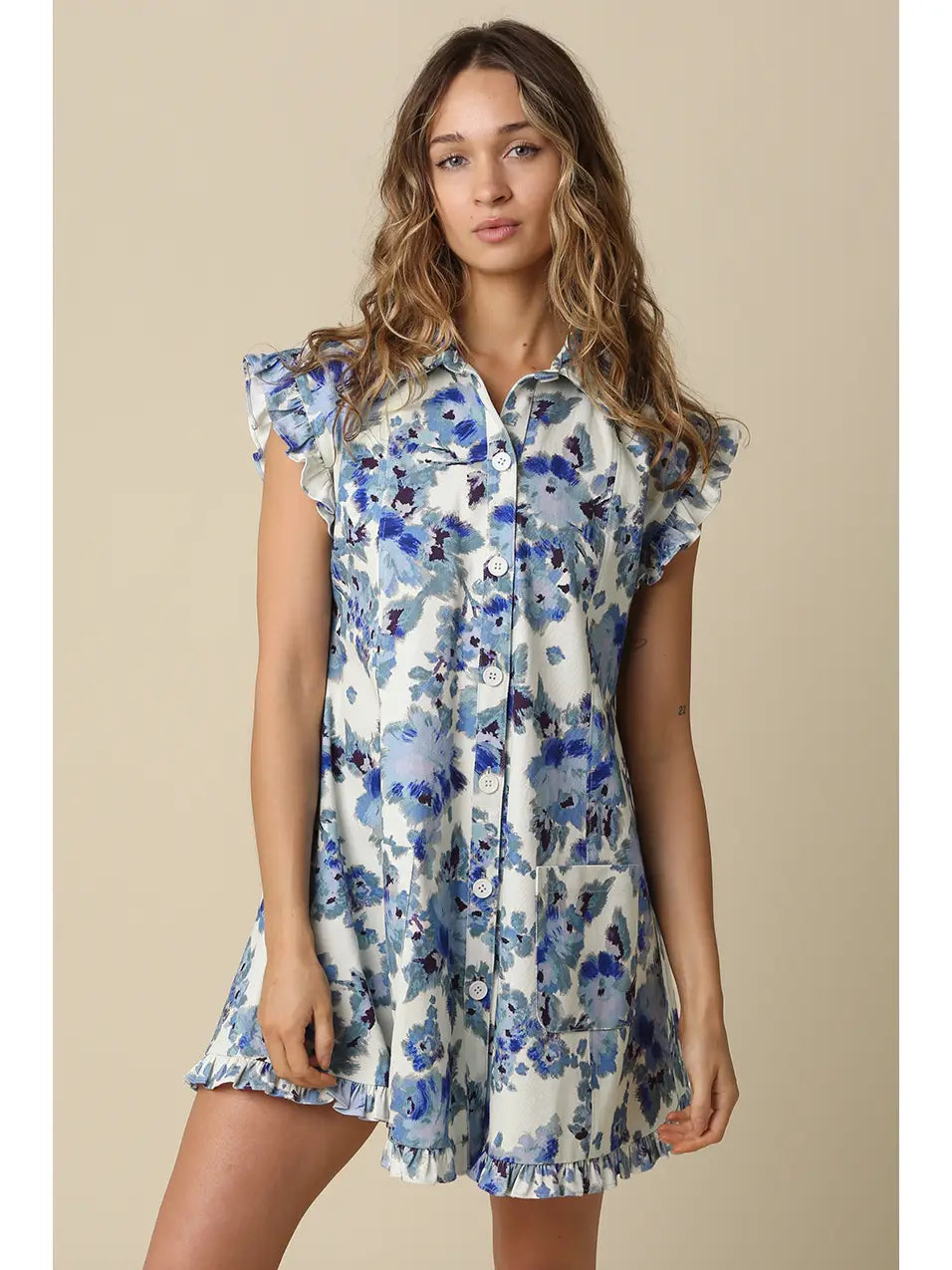 Ryann Floral Ruffle-Sleeve Mini Dress