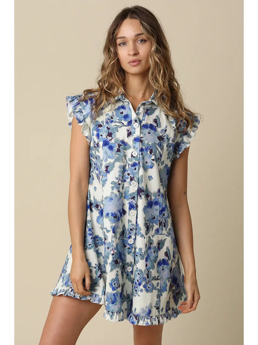 Ryann Floral Ruffle-Sleeve Mini Dress