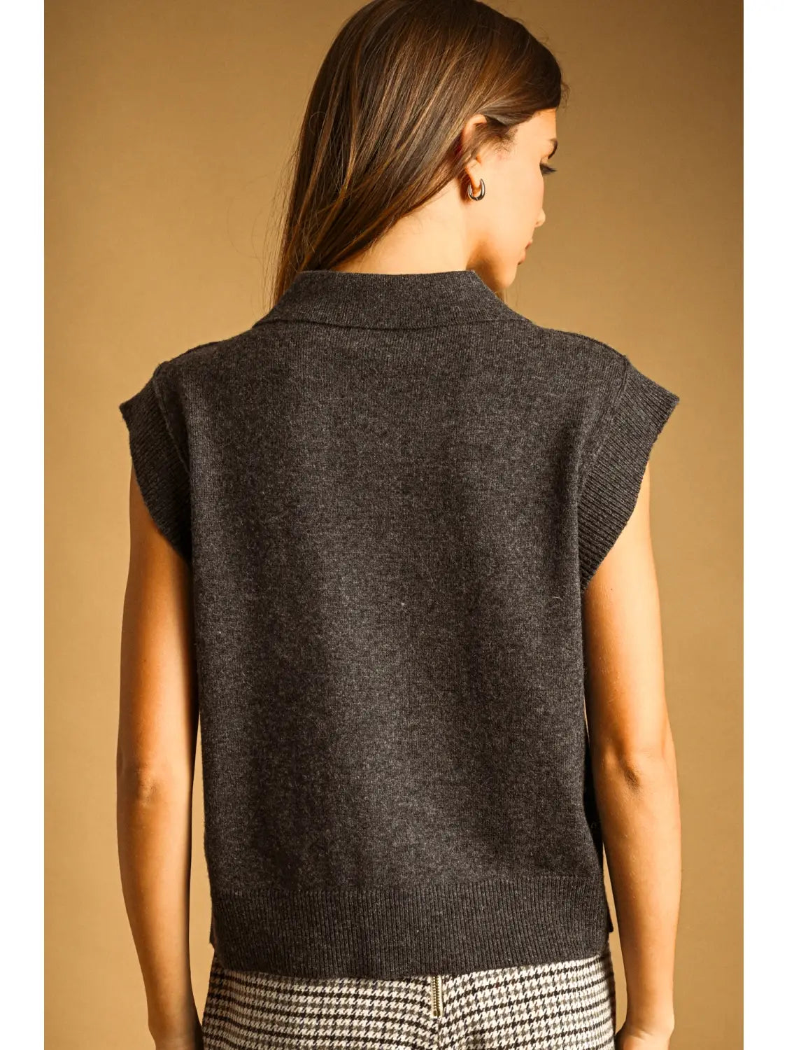 Sleeveless Collared Polo Sweater Top-Charcoal