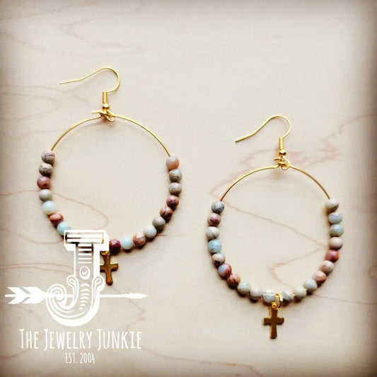 Beaded Hoop Earrings- Aqua Terra w/ Cross Dangle