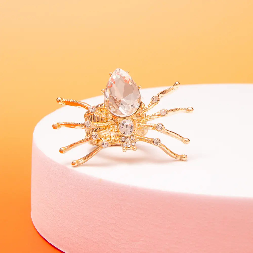 Halloween Jeweled Spider Stretch Ring-Gold Clear