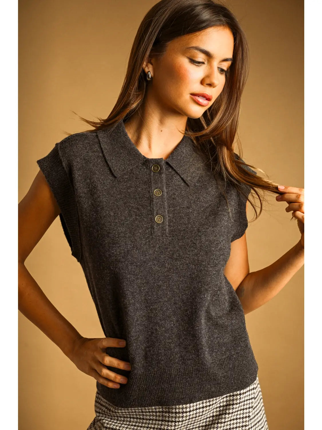 Sleeveless Collared Polo Sweater Top-Charcoal