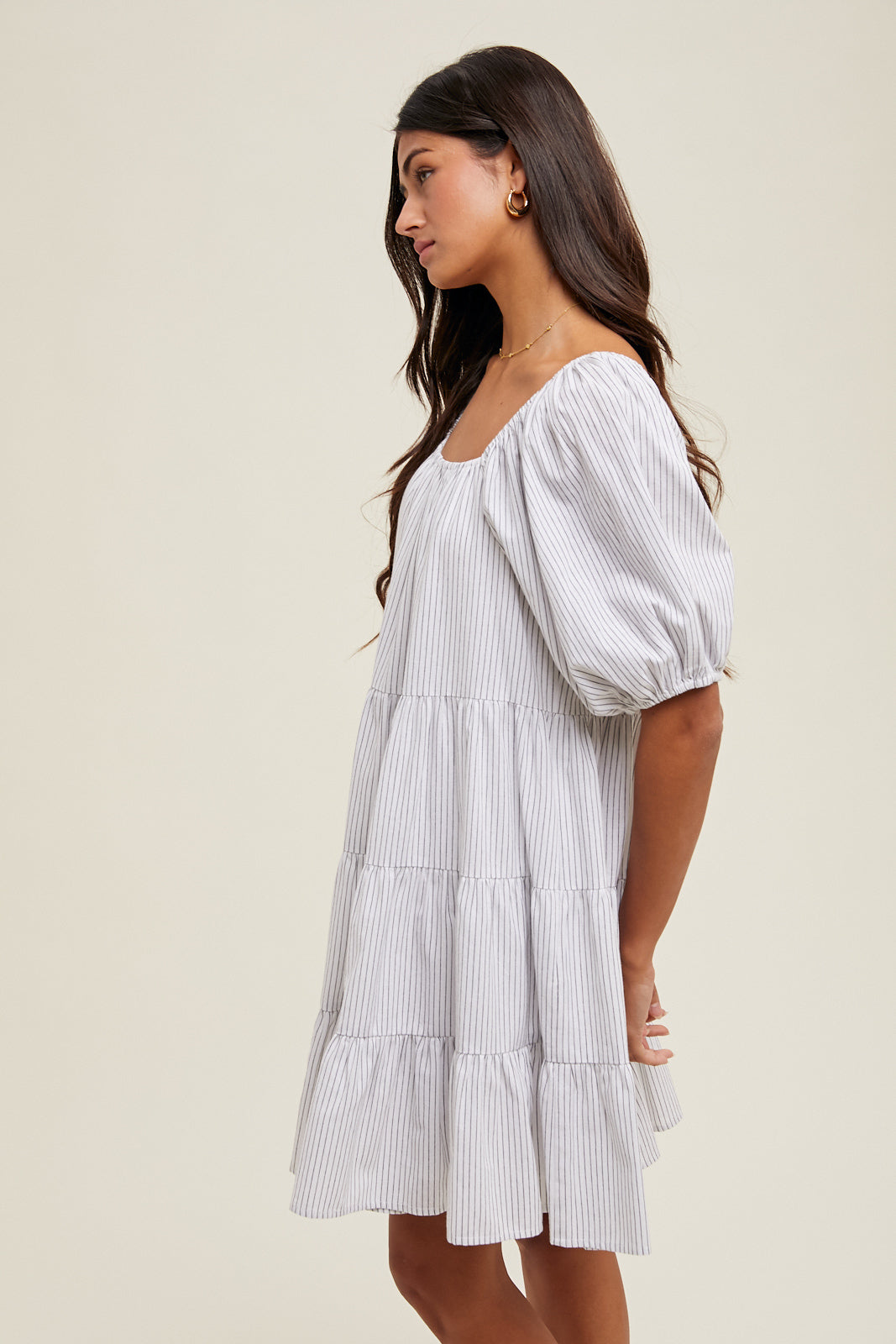 Delancey STRIPED PUFF SLEEVE MINI DRESS-Ivory/Black