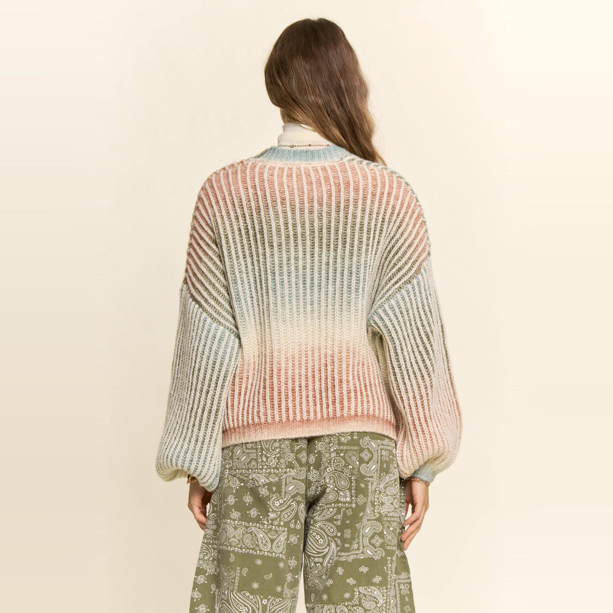 Rainbow Ombre Ribbed Knit Open Cardigan-Olive Rust