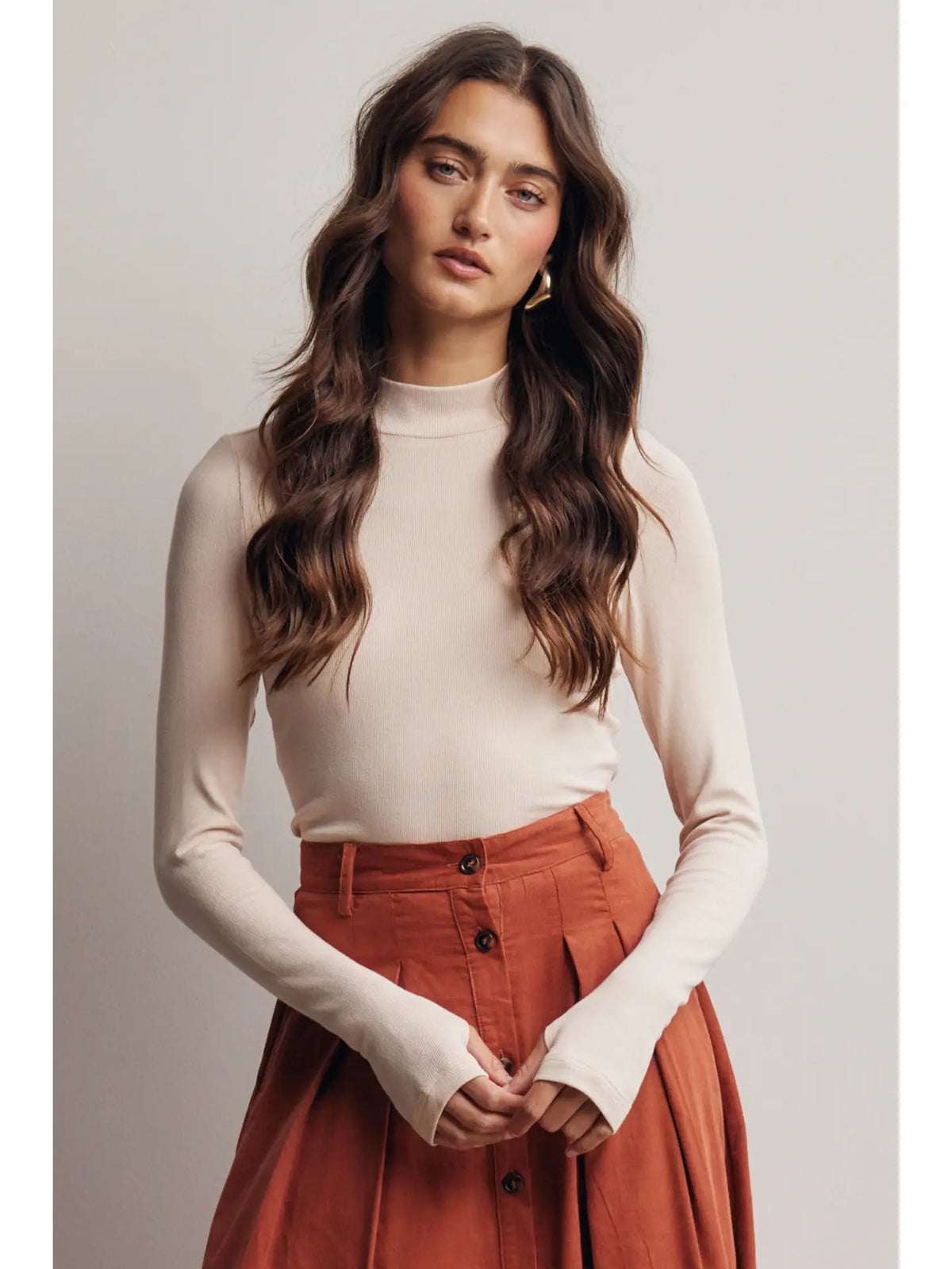 Mara Stretch Ribbed Mock Neck Top-Ecru