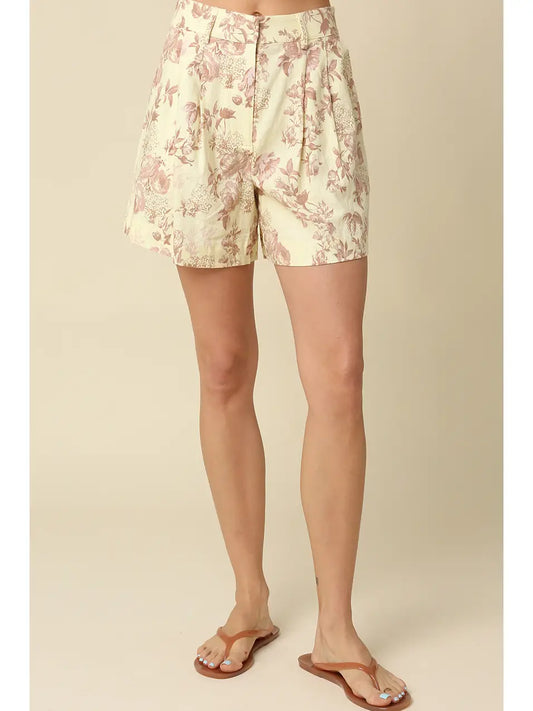 Daisy Floral Pleated Shorts-Pale Yellow