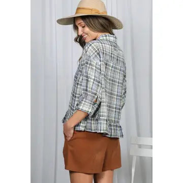 Pocket Detail Ruffle Hem Plaid top-Olive