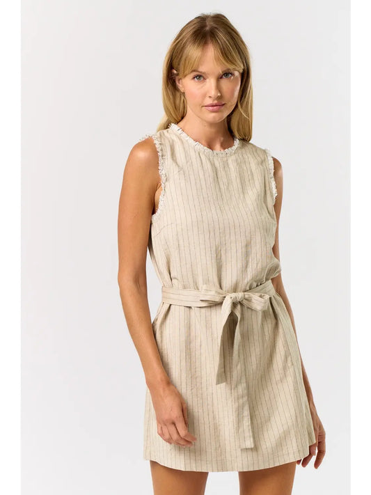 Fringe Hem Mini Dress w/ Waist Tie-Oatmeal/Black