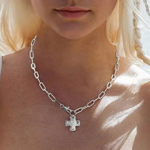 Notable Hammered Cross Front Toggle Necklace Small Silver