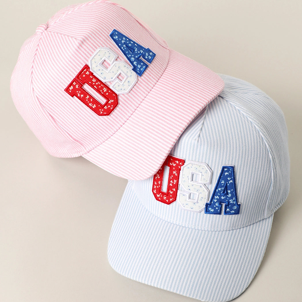 USA Letter Patch Striped Trucker Hat-Blue