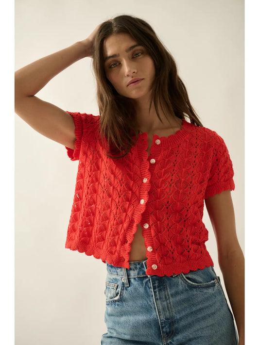 Pointelle Crochet-Knit Buttoned Short Sleeve Cardigan Top-Red Orange