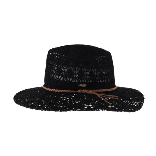 Horseshoe Lace Knit with Braided Suede Trim C.C Panama Hat K-Black