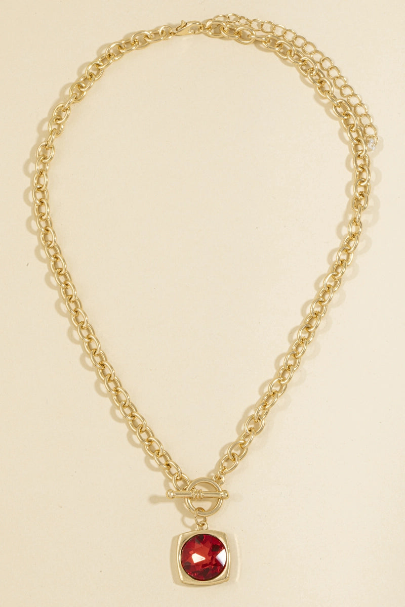 Chunky Chain Crystal Pendant Toggle Necklace-RED