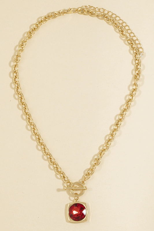 Chunky Chain Crystal Pendant Toggle Necklace-RED