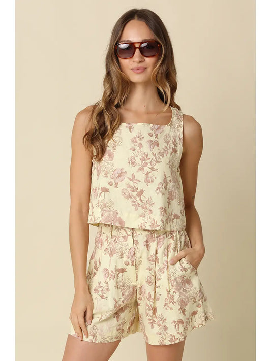 Daisy Floral Sleeveless Crop Top-Pale Yellow