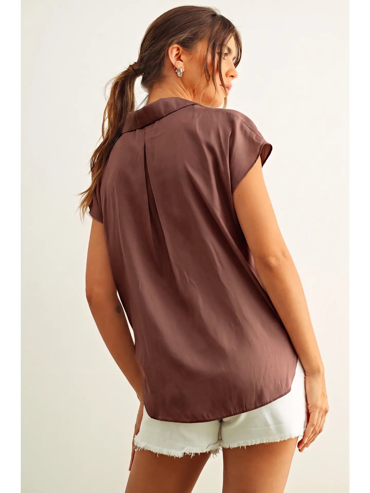Button Down Cap Sleeve Shirts-Red Bean