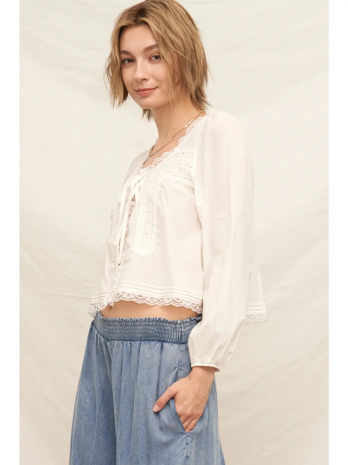 Lace-Trimmed Blouse with Pintuck and Tie-Front