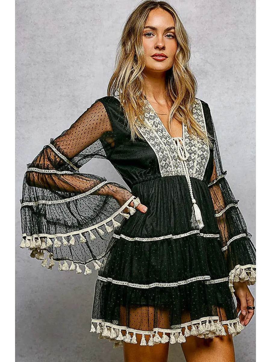 Split Embroidery Tassel Detail V-Neck Flared Short Dress-Black