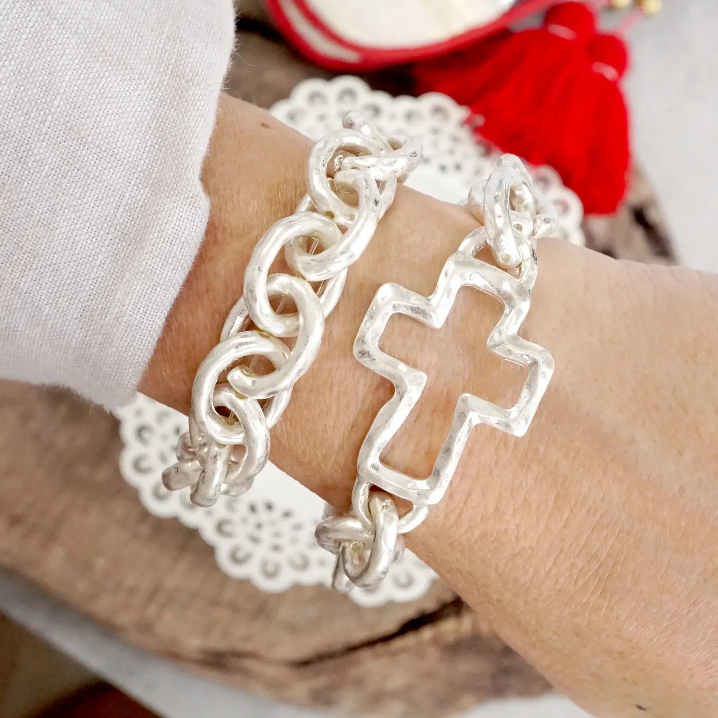 Chunky Chain Cross Bracelet Worn Silver