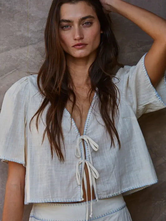 Maddie Woven Cotton V-Neck Open Front Tie Straps Top