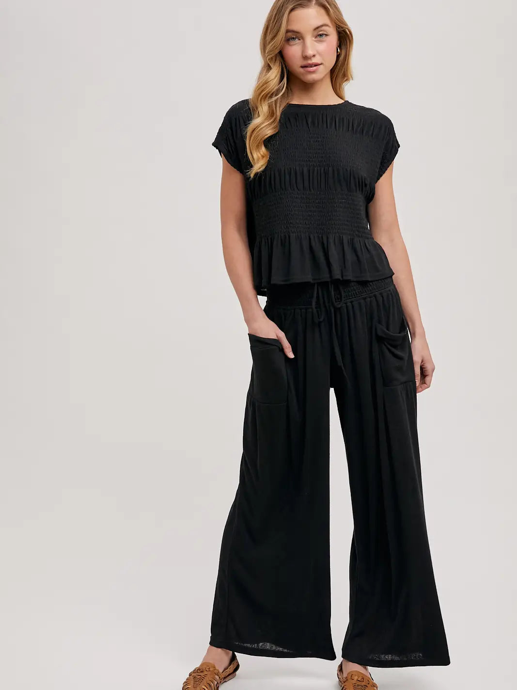 Relaxed Knit Smocked Top and Wide Pants Set-Black