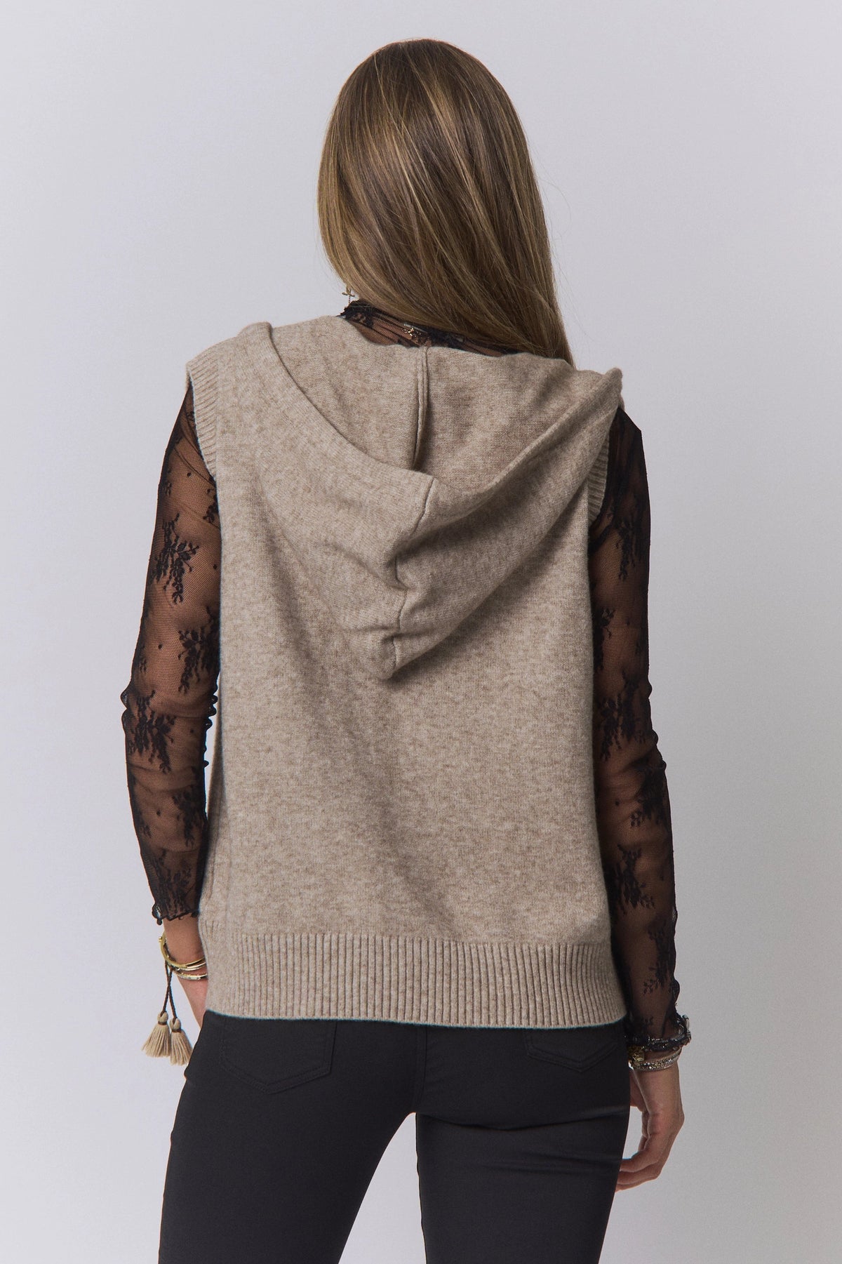Hooded Zip-Up Knit Sweater Vest-Oatmeal