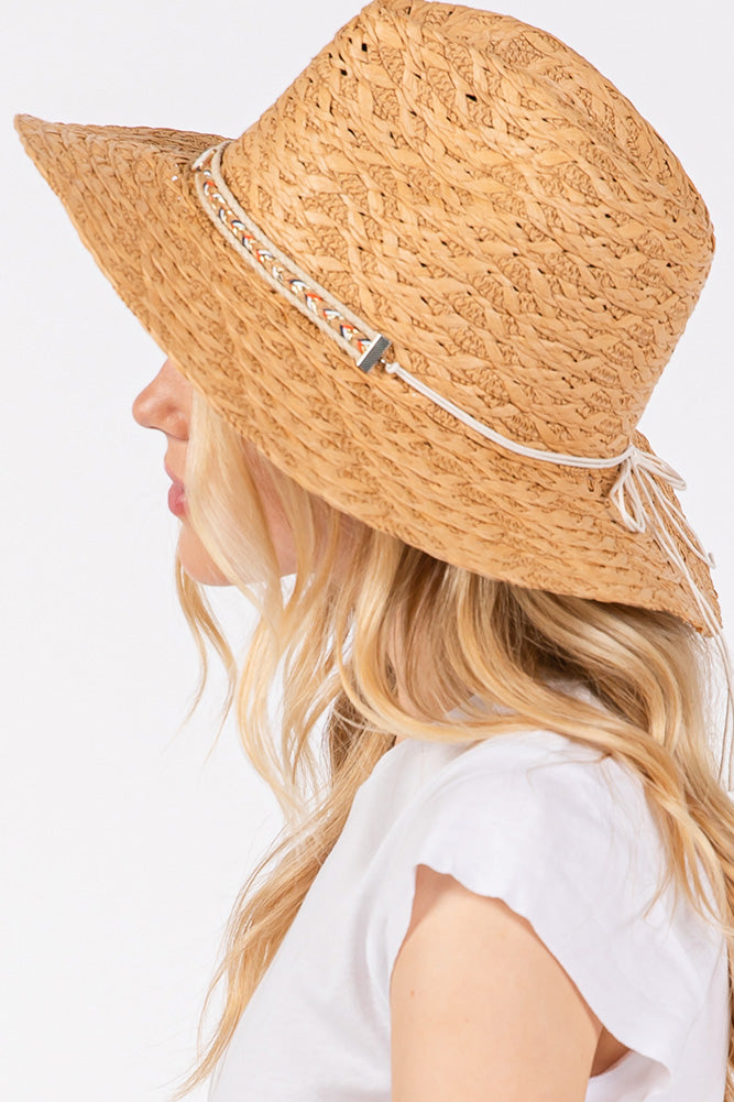 Evil Eye Straw Braided Band Summer Straw Sun Hat-Taupe