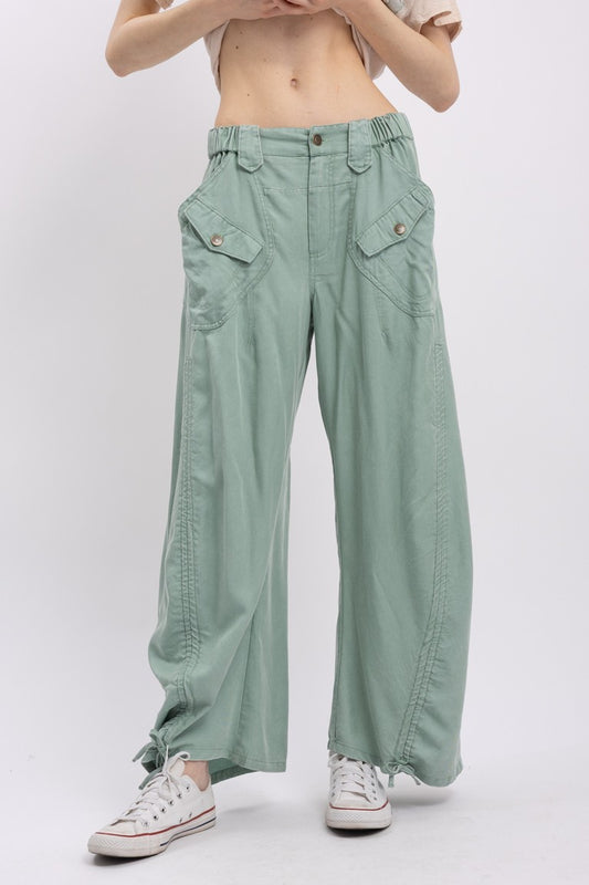 Ruched Leg Cargo Pants-Sage