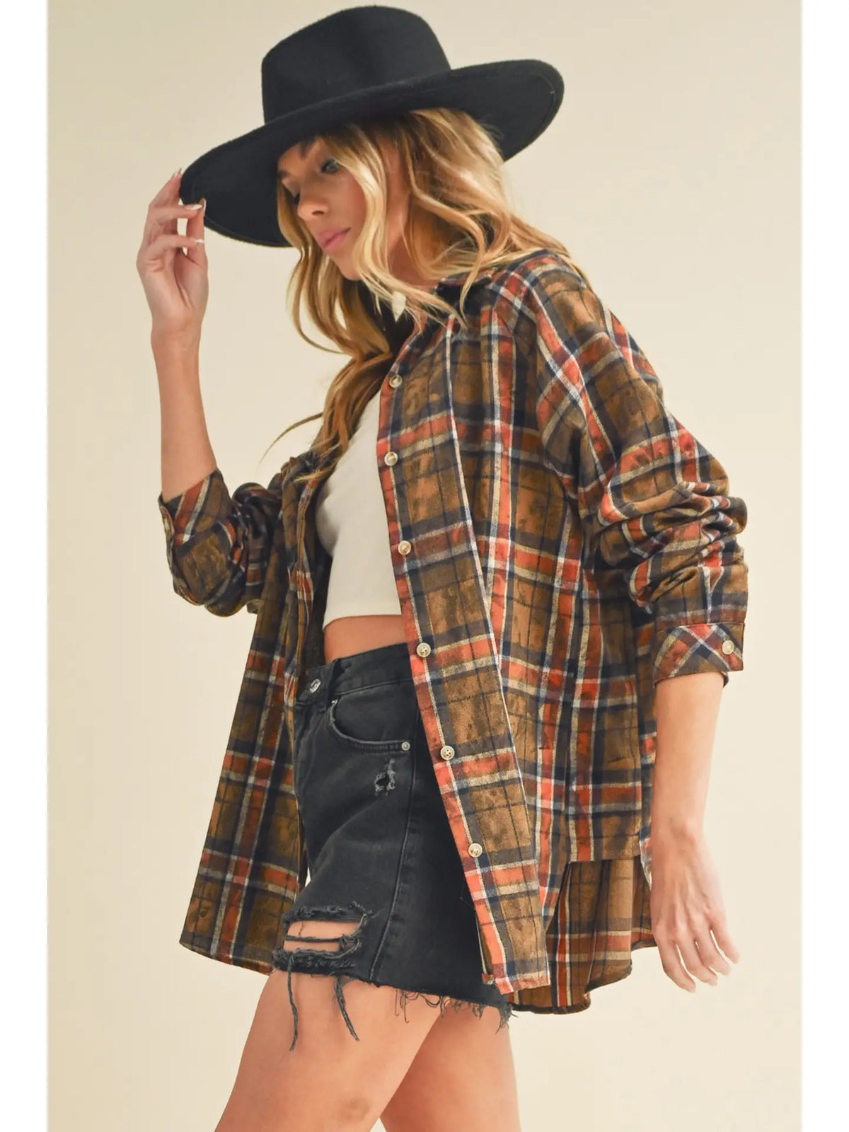 Laura Plaid Washed Flannel Shirt- Camel