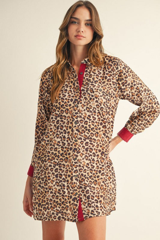Savara Solid Contrast Accent Leopard Dress
