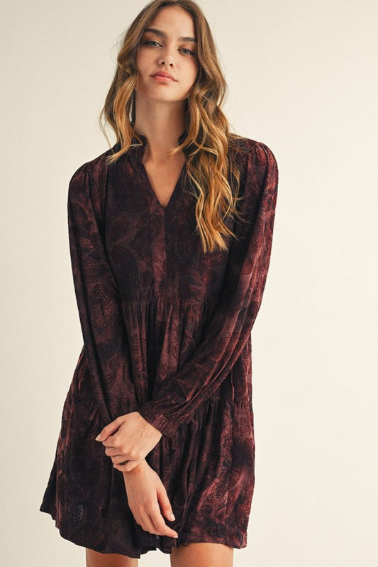 Boho Paisley Velvet Flocked Dress-Burgandy