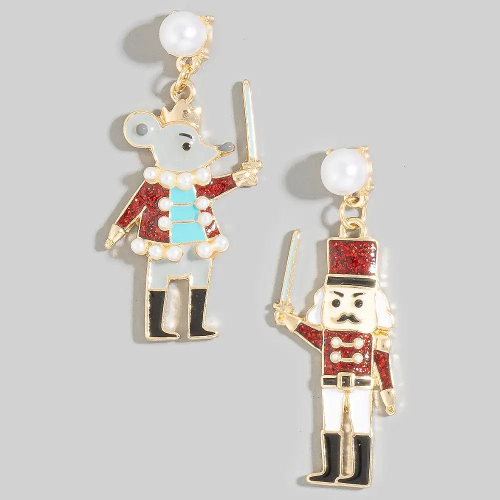 Pearl Stud Glitter Resin Nutcracker Christmas Holiday Dangle Earrings