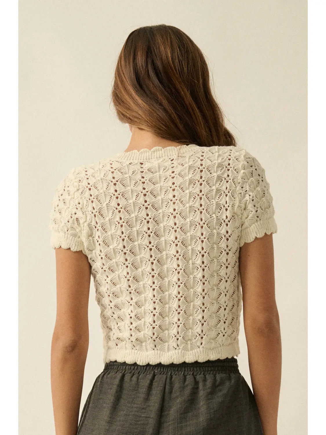 Pointelle Crochet-Knit Buttoned Short Sleeve Cardigan Top-Cream