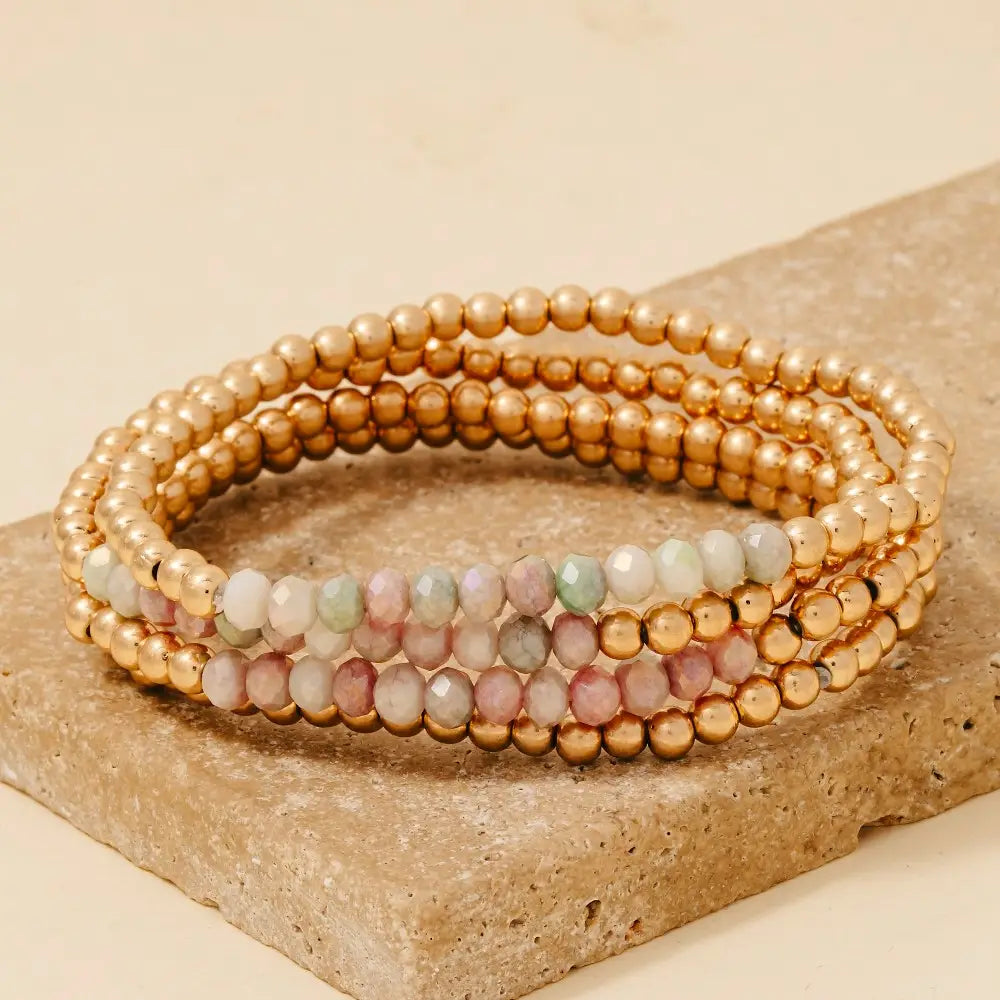 Layered Metallic Beaded Bracelet Set-PNKMIN