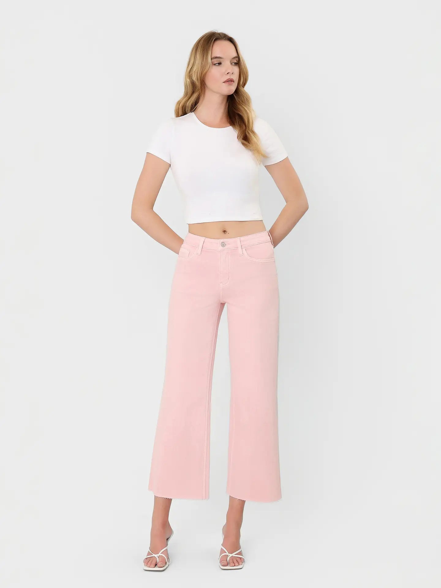High Rise Pale Lilac Color Crop Wide Leg Jeans