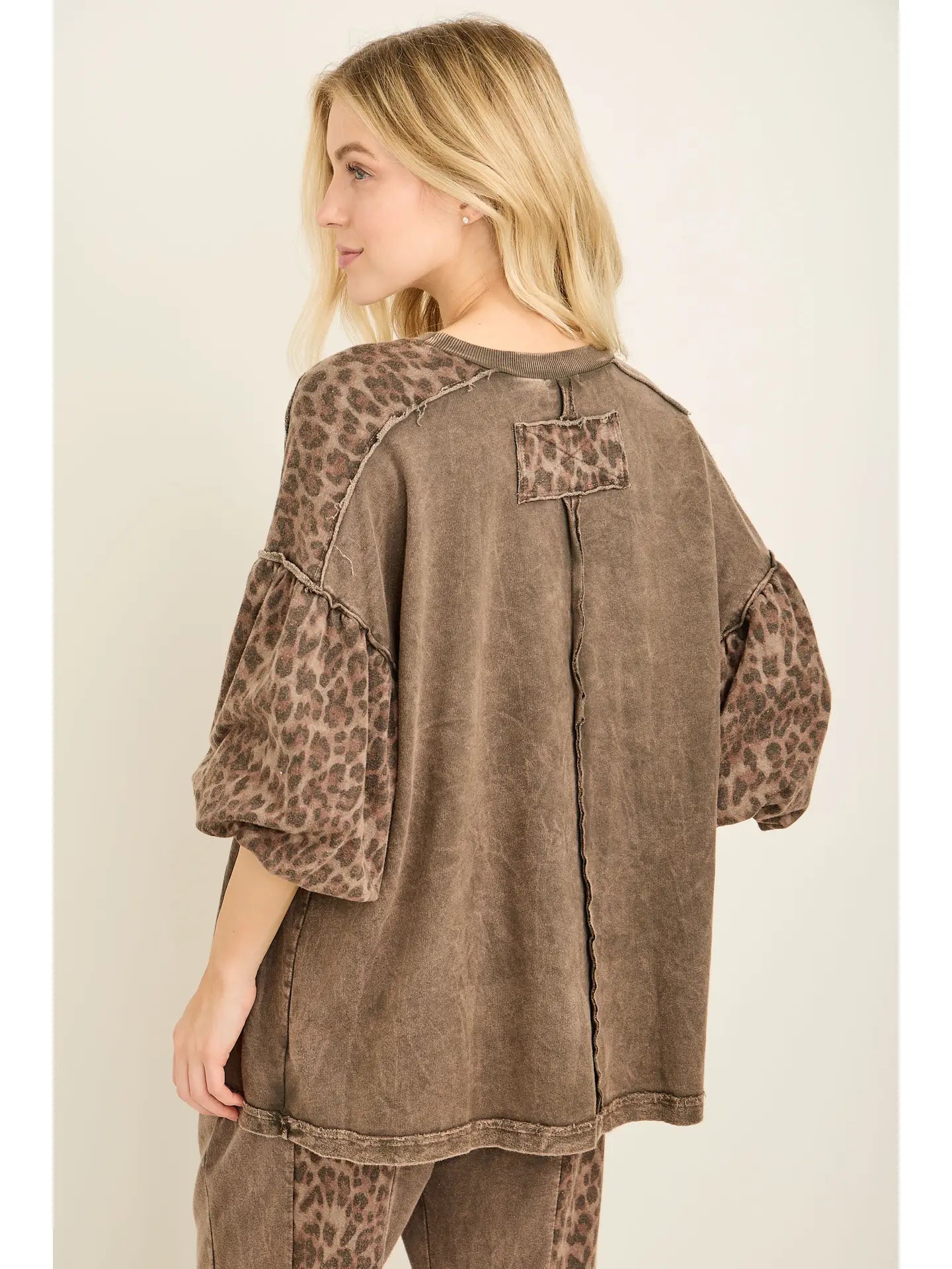 Mineral Washed Cheetah Puff Sleeve Fall Blouse-Ash Oak