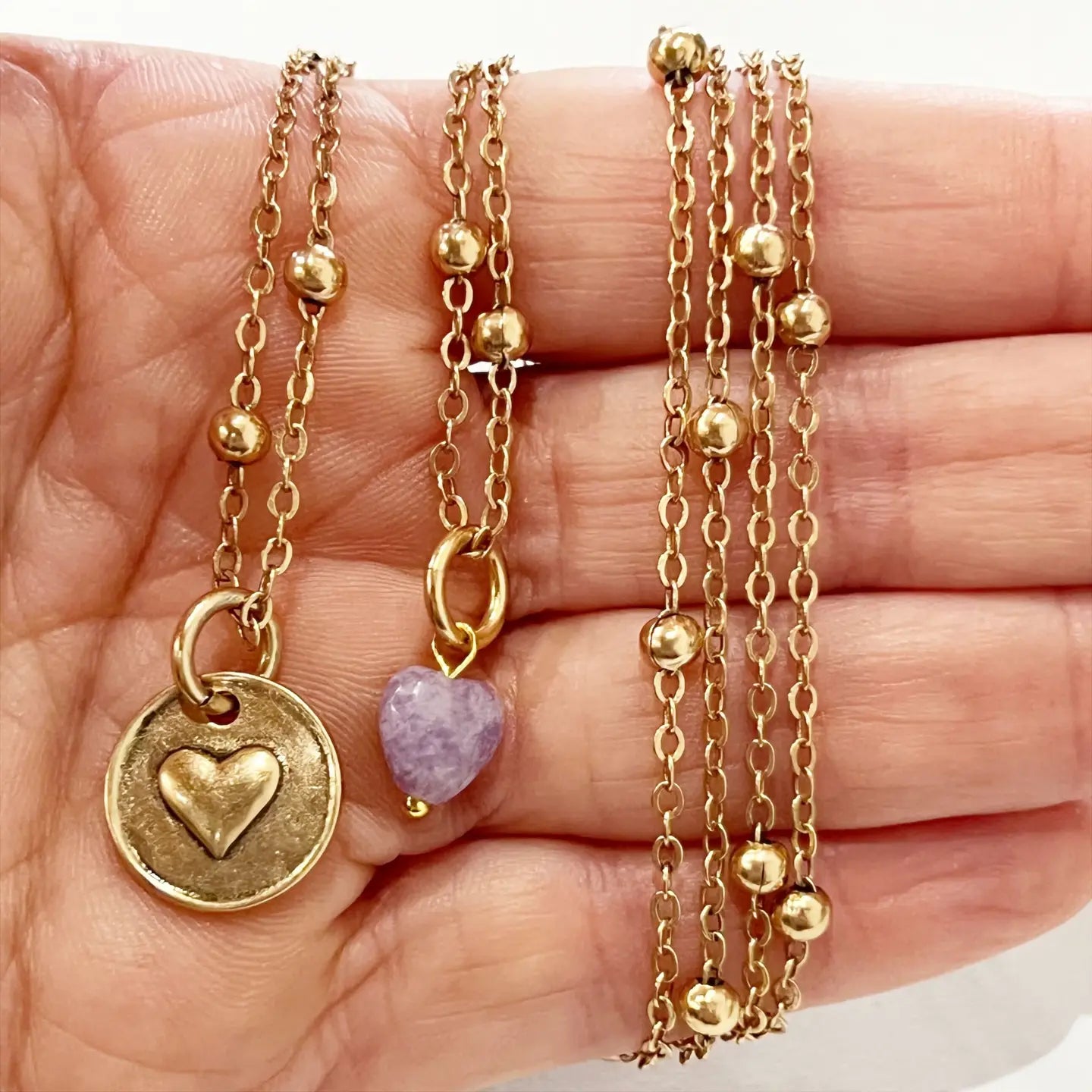 "Have Faith" Dainty Necklace Gold, Lepidolite Heart