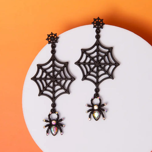Halloween Rhinestone Embellished Black Spider Earrings